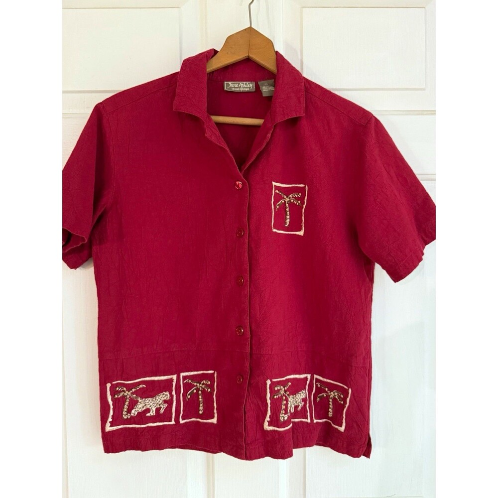Vintage Jane Ashley Red Button-Up Collared Short Sleeve Blouse S